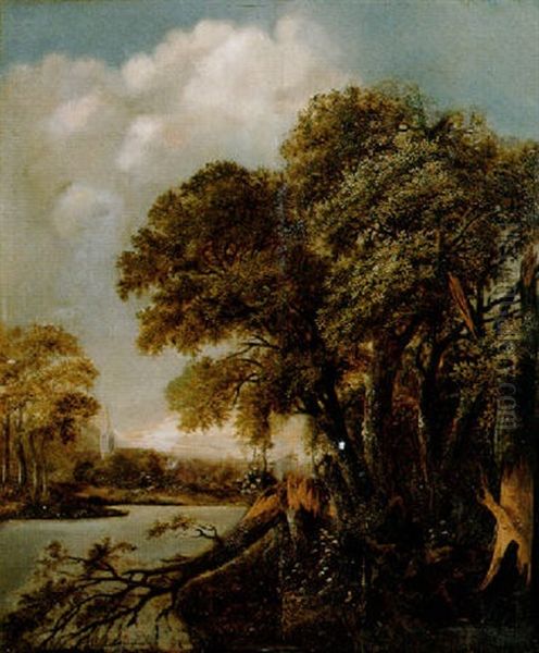A Dead Tree On A Riverbank At The Edge Of A Wood, A Village Beyond - view 1