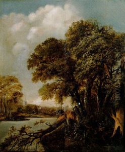 A Dead Tree On A Riverbank At The Edge Of A Wood, A Village Beyond by Salomon Rombouts
