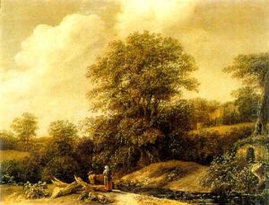 A Wooded Hilly Landscape With Two Figures By A Stream A Wooded Hilly Landscape With Two Figures By A Stream