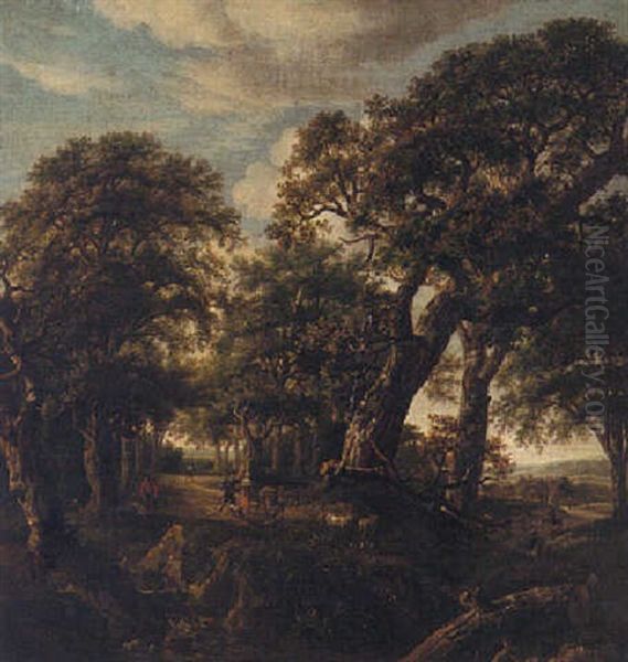 A Wooded Landscape With Peasants, A Donkey And A Herd Wandering Down A Track - view 1