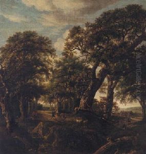 A Wooded Landscape With Peasants, A Donkey And A Herd Wandering Down A Track by Salomon Rombouts