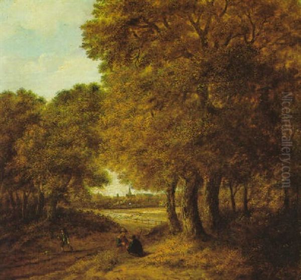 Waldlandschaft Mit Figuren Und Blick Auf Ein Fernes Dorf - view 1