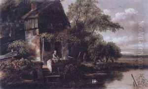A Washerwoman And A Peasant Boy Outside A Cottage Beside A River With A Meadow And A Village On A Hill Beyond by Salomon Rombouts
