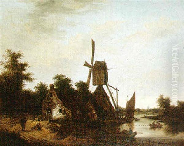 Landscape With A Windmill Beside A River, With Figures Boating, Others Resting On A Path - view 1