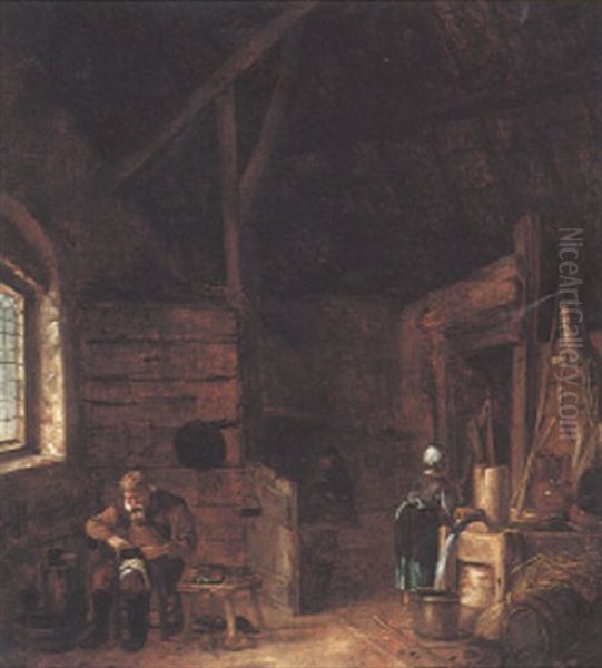 Barn Interior With A Cobbler And A Maid Collecting Water - view 1