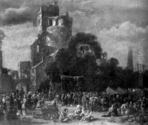 A Fair On The Outskirts Of A Town With Boors Watching A Quack Perfoming On A Stage
