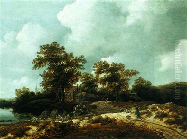 Wooded Landscape With A Man And His Dog Walking Beside A River Towards A Cottage - view 1