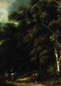 A Wooded Landscape With Peasants Resting And Travellers On A Path by Salomon Rombouts