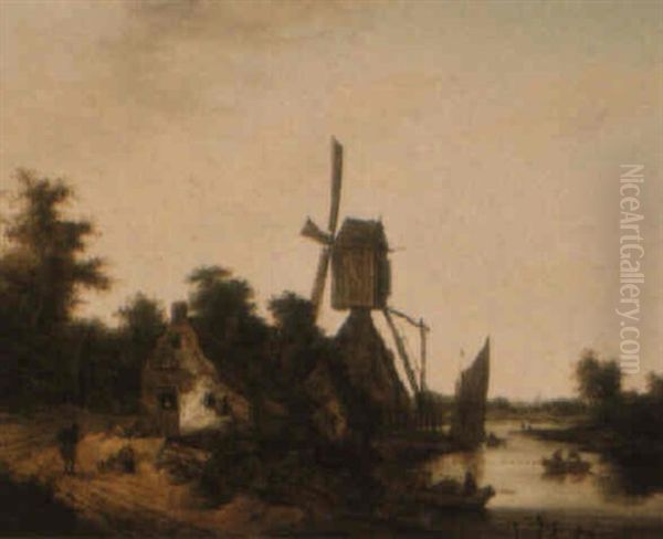 Landscape With A Windmill Beside A River, With Figures Boating - view 1
