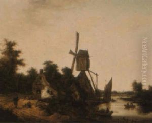 Landscape With A Windmill Beside A River, With Figures Boating by Salomon Rombouts