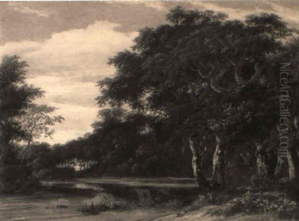 A Wooded Landscape With Fishermen Resting By A Pool - view 1