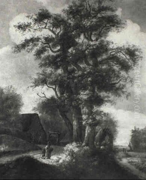 Wooded Landscape With Mother And Son Walking On Track - view 1