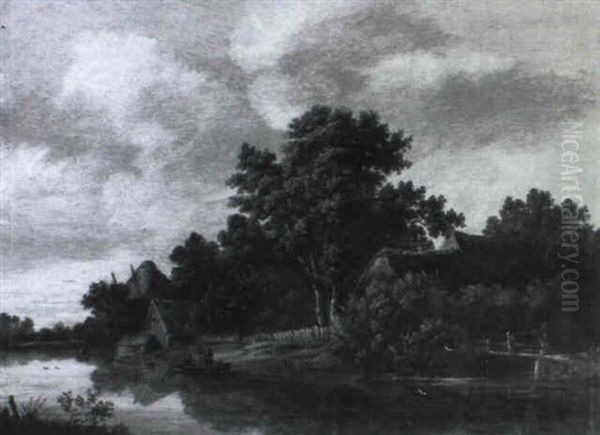 Farmhouses Near A River With Fishermen In A Rowing Boat - view 1