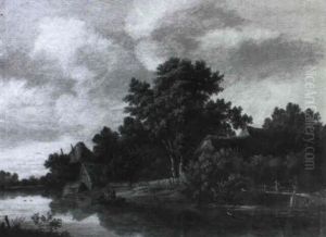 Farmhouses Near A River With Fishermen In A Rowing Boat