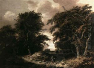 A Mother And Child Walking Along A Woodland Path Beside A   Cottage Where Peasants Rest, With A View Of Haarlem And The