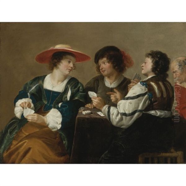 A Woman And Three Men Seated Around A Table Playing Cards - view 1
