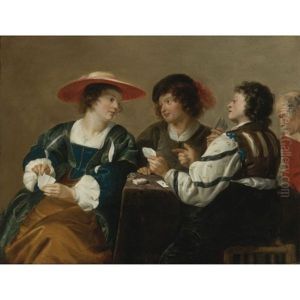 A Woman And Three Men Seated Around A Table Playing Cards by Theodoor Rombouts