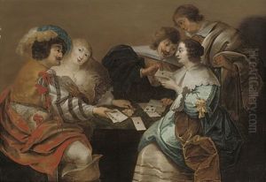 Elegant Company Playing Cards In An Interior by Theodoor Rombouts