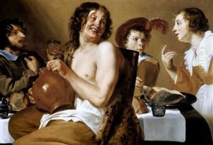 A Laughing Man With Others Eating And Drinking