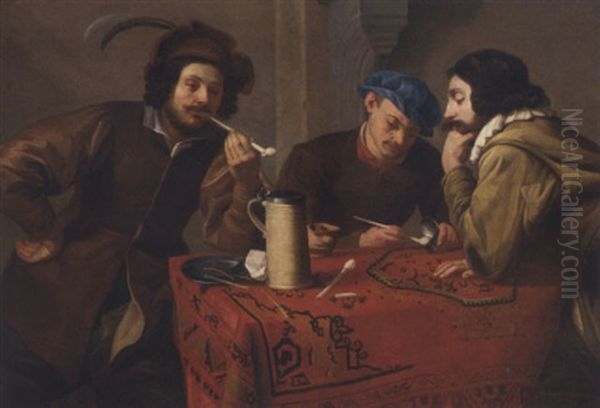 Three Men Smoking And Drinking At A Table In An Interior - view 1