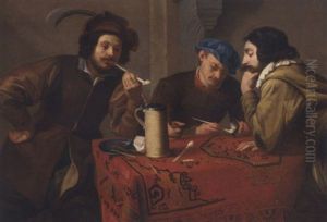 Three Men Smoking And Drinking At A Table In An Interior