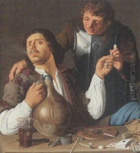 A Seated Boor Holding A Wine-jar And Blowing Smoke, Passing A Pipe To A Soldier Standing Behind
