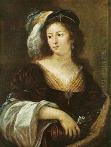 Portrait Of A Lady Wearing A Crimson Dress, Holding A Sprig Of Narcissus