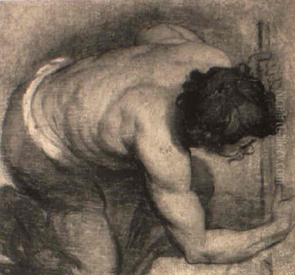 A Man On His Knees Holding A Staff - A Sketch - view 1
