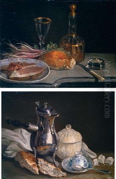Still Life Of A Chocolatier With A Porcelain Cup And Saucer, Spoon, A Sucrier, Sweets, Pastries And A Cloth Arranged Upon A Table Top (+ Another; Pair) - view 1
