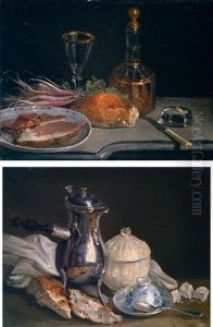 Still Life Of A Chocolatier With A Porcelain Cup And Saucer, Spoon, A Sucrier, Sweets, Pastries And A Cloth Arranged Upon A Table Top (+ Another; Pair)
