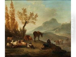 Bergige Landschaft Mit Rastendem Hirten