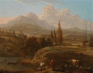 Herders And Cattle Near A River In The Abruzzo Region Near Penne, With The Gran Sasso In The Background
