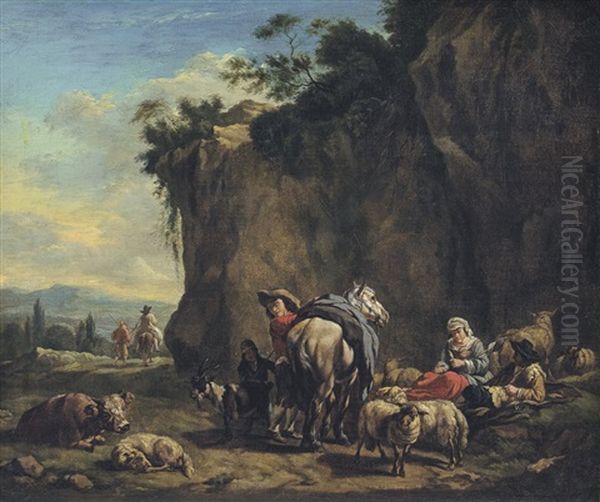 Paesaggio Con Sosta Di Viandanti E Armenti - view 1