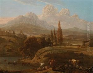 Hirten Mit Vieh An Einem Fluss In Den Abruzzen Bei Penne, Im Hintergrund Der Gran Sasso