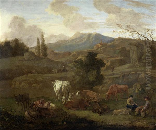 A Shepherd And Shepherdesses Grazing Their Herd Before An Italianate Landscape - view 1