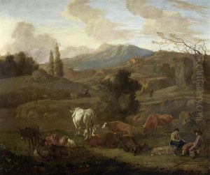 A Shepherd And Shepherdesses Grazing Their Herd Before An Italianate Landscape