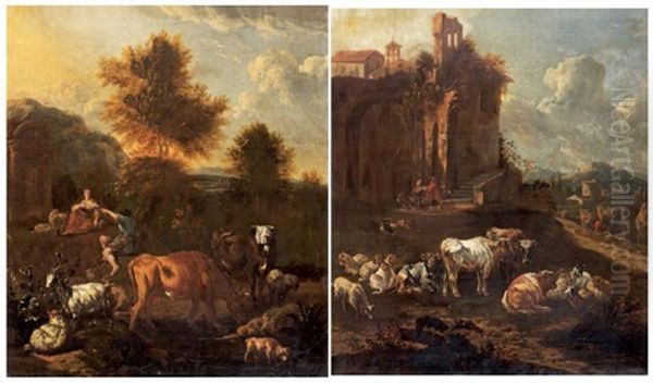 Bergers Et Troupeau Au Repos Au Soleil Couchant (pair) - view 1
