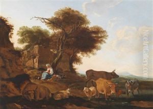 Eine Schaferin Mit Vieh In Einer Weiten Landschaft