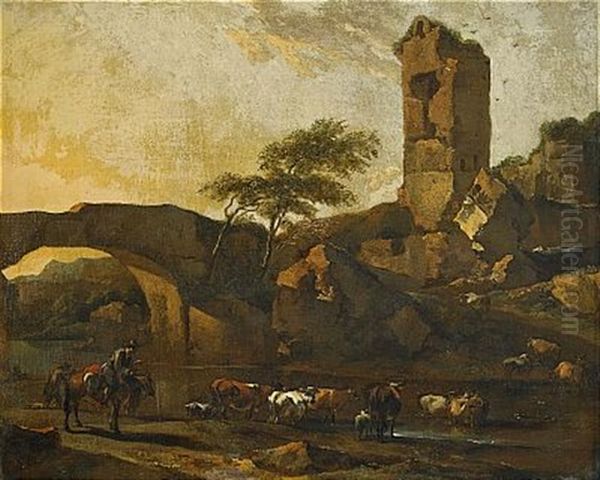 Pastoralt Landskap Med Ruin Och Boskap - view 1
