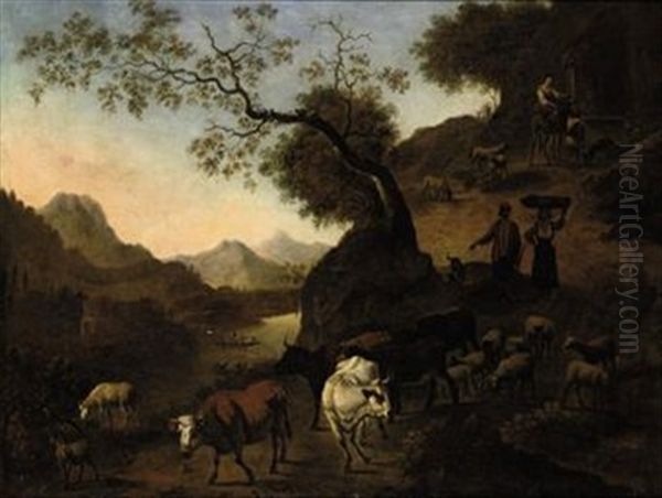 An Italianate Landscape With Shepards And Their Herd On A Path - view 1