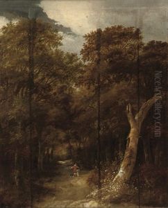 A Wooded Landscape With Figures And A Dog On A Track