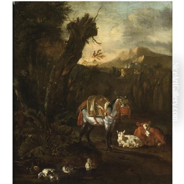An Italianate Wooded Landscape With A Harnessed Donkey, A Cow, A Sheep And Ducks Near A Pond In The Foreground - view 1