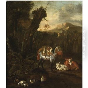 An Italianate Wooded Landscape With A Harnessed Donkey, A Cow, A Sheep And Ducks Near A Pond In The Foreground by Willem Romeyn