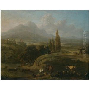 A Panoramic Landscape With Herders And Their Cattle In The Foreground by Willem Romeyn