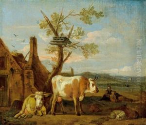 Eine Hirtin Mit Ihrem Kind Und Herde Vor Einem Bauernhaus by Willem Romeyn