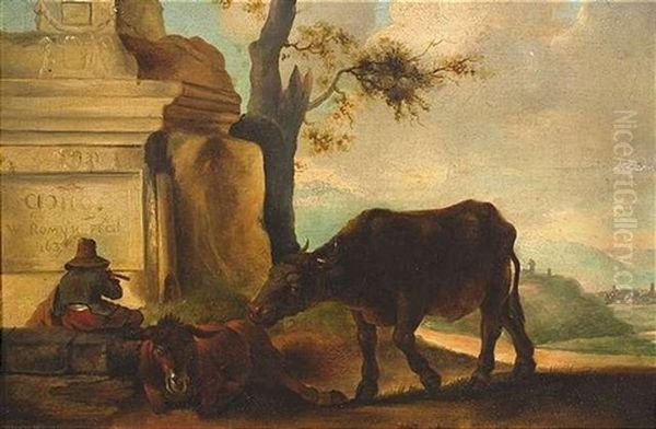 Capriccio Mit Hirtem Und Vieh In Italienischer Landschaft - view 1