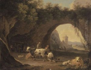 A Grotto With Cattle And Figures, A Forge Beyond by Willem Romeyn