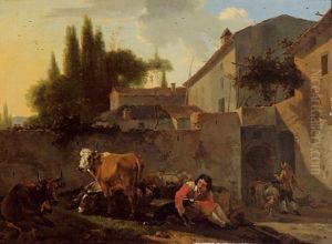 Hirte Vor Italienischer Dorfansicht Hirte Vor Italienischer Dorfansicht