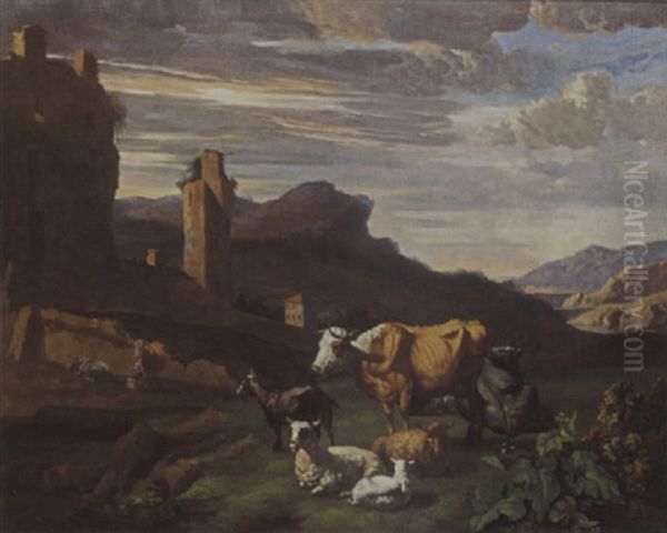 An Italiante Landscape With Cows, Sheep And A Goat In A Meadow, A Peasant Woman Milking A Cow In The Background - view 1