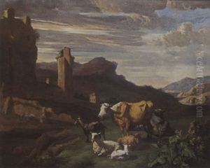 An Italiante Landscape With Cows, Sheep And A Goat In A Meadow, A Peasant Woman Milking A Cow In The Background by Willem Romeyn